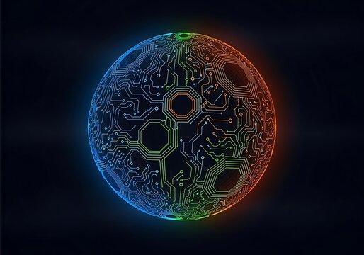 Glowing Circuit Sphere with Neon Traces in Dark Background