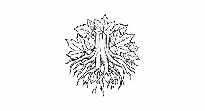 Stylized drawing of a tree trunk and roots with maple leaves