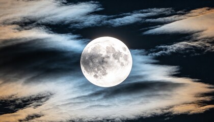 Fototapeta premium Glowing full moon disk revealing maria and craters over night sky, with layered clouds