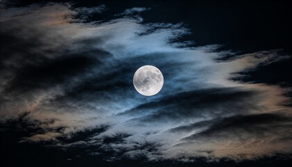 Fototapeta premium Revealing full moon showing crater detail in open night sky, with layered wispy clouds illuminated