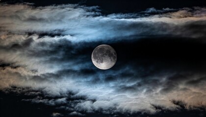 Fototapeta premium Shining bright nearly full Moon showing crater details, lighting layered clouds across night sky