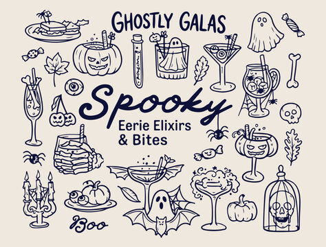 Spooky Halloween menu and cocktail drinks, festive horror holiday and party graphics, hand drawn ghost and pumpkin vector art, minimalist October celebration and bar design, creepy magic potions and e
