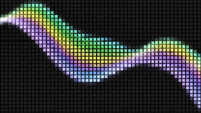 Vibrant pixelated wave glows on dark background with grid pattern