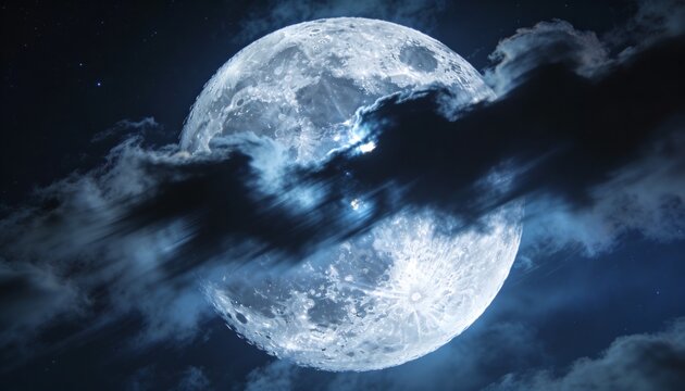 Shining full Moon revealing craters and ray system at night, with sweeping clouds and faint stars