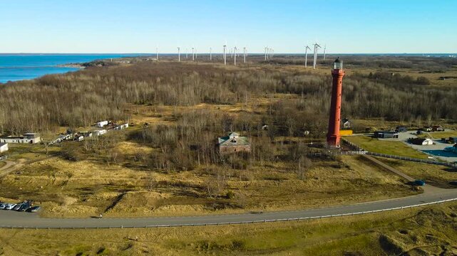 Aerial View of Pakri Lighthouse and Wind Turbines on a Sunny Day