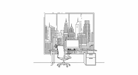 Obraz premium Modern office setup with city skyline view through large window