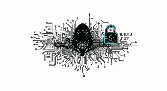 Silhouette of a hooded figure on a circuit board with binary code and a padlock