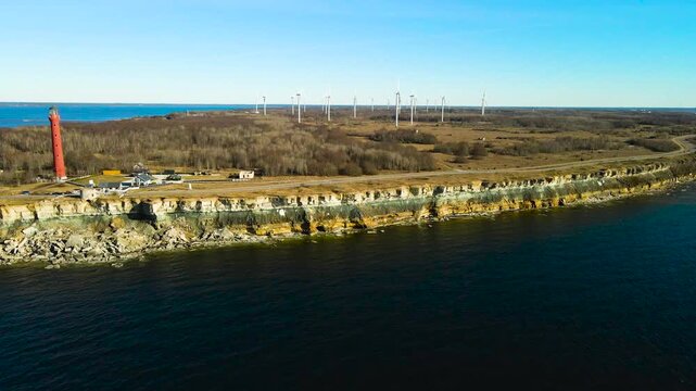 Aerial View of Pakri Lighthouse and Wind Turbines on the Cliff