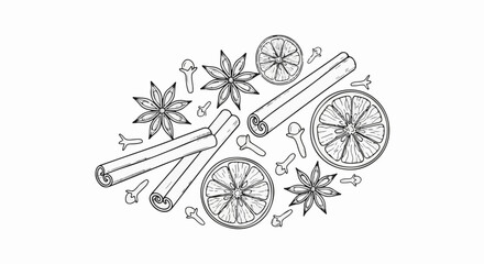 Fototapeta premium A hand-drawn arrangement of citrus slices, cinnamon sticks, star anise, and cloves