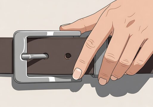 Hand Adjusting Metal Buckle on Brown Leather Belt