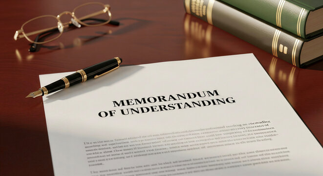 Memorandum of Understanding (MoU) Document on Wooden Desk with Fountain Pen and Eyeglasses