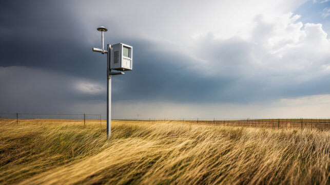 Weather station monitoring stormy clouds over field