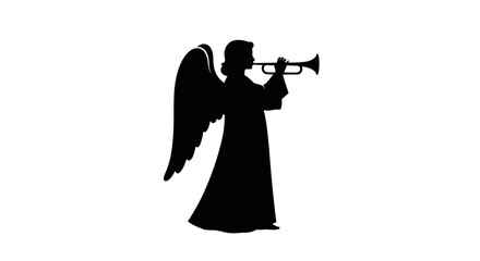 Angel Silhouette Playing Trumpet, Heraldic Winged Figure Announcing News © meja