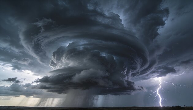 Rotating supercell forming wall cloud, pouring rain shafts over prairie, lightning striking ground
