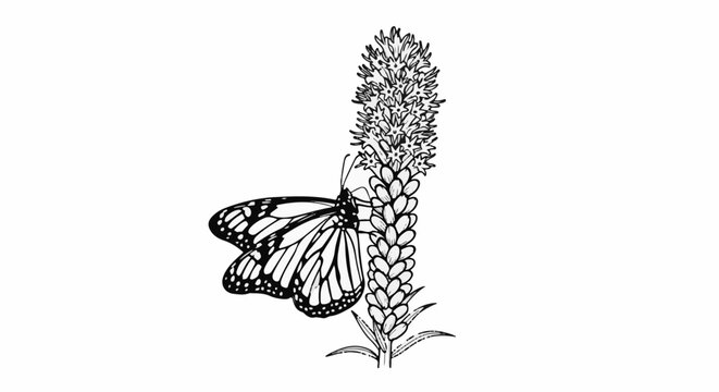 A black and white drawing depicts a monarch butterfly resting on a tall flower stalk