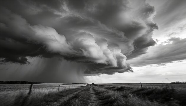 Vertical video: Forming downdraft, storm cloud sending rain shaft over gravel road and fence posts