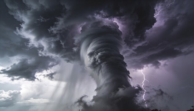 Rotating funnel cloud lowering from storm rotation causing damage with lightning, rain for weather