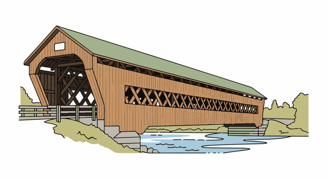 Wooden covered bridge spans a calm river with greenery on its banks