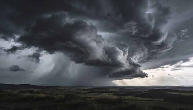 Storm cloud forming after cold front arrival releasing rain shaft over fields, weather changing
