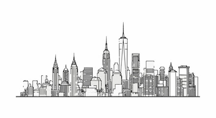 Naklejka premium Stylized outline drawing of a major city skyline with iconic skyscrapers