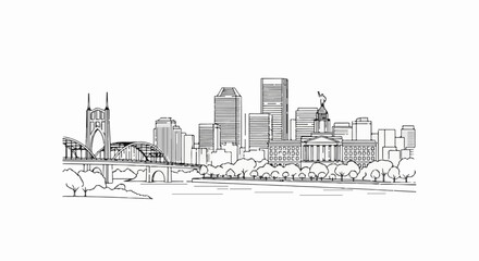 Naklejka premium Stylized line drawing of a city skyline with a bridge and trees