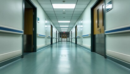 Fototapeta premium Stretching hospital corridor leading to exit doors at ward, showing blue handrails and wooden doors