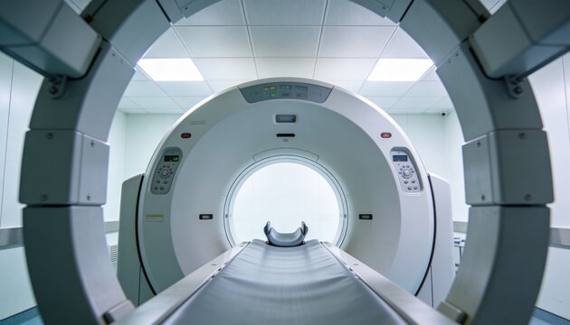 Vertical video: Control panel starting CT gantry rotating table into bore for imaging, panels lit