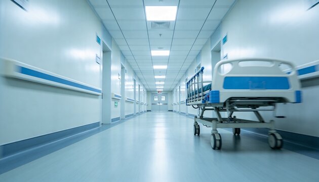 Parking medical stretcher with blue rails in long corridor showing handrails, doors, copy space
