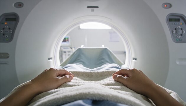 Lying patient sliding into CT scanner bore in hospital radiology room, with gown and towel