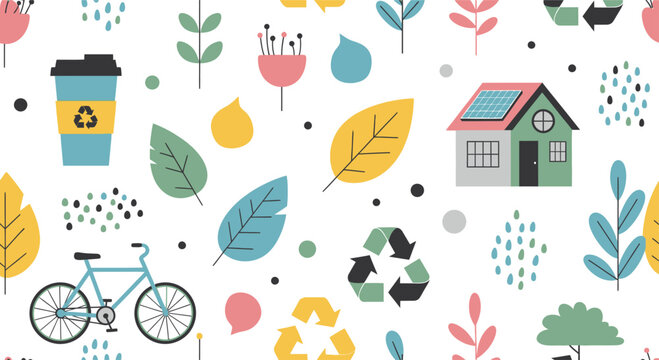 Eco-friendly lifestyle seamless pattern: house, bike, coffee cup, recycling symbols, leaves