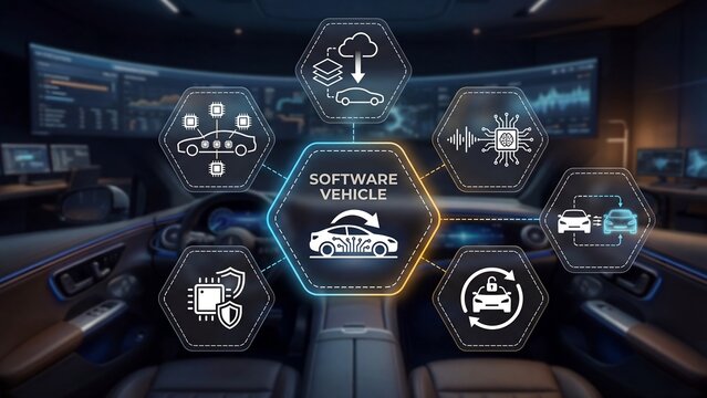 Software defined vehicle digital infographic inside car cockpit showing connected systems, ota updates, autonomous features, and smart mobility technology