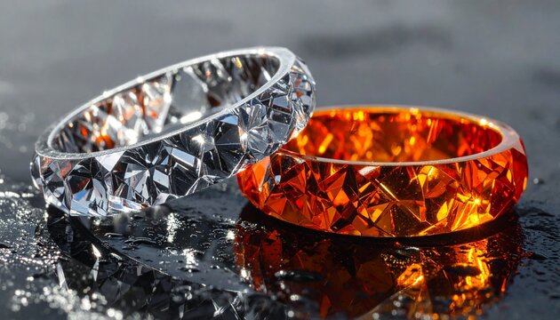 Two intricately faceted rings on a reflective surface, one silver metallic and one amber orange, both glowing with geometric facets that capture light, symbolizing craftsmanship, brilliance, and elega