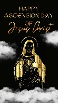 Golden animation of the Ascension of Jesus Christ with a blessing hand among clouds and text Happy Ascension Day of Jesus Christ on a black background.