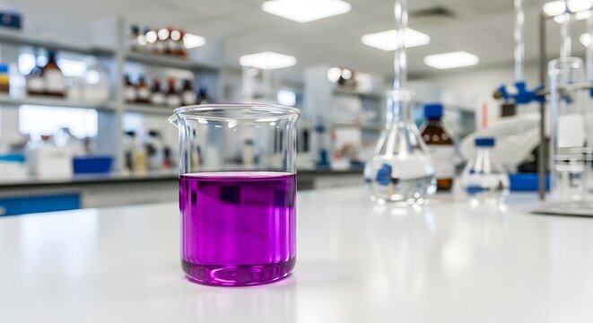 Purple liquid in a beaker within a chemistry lab setting.