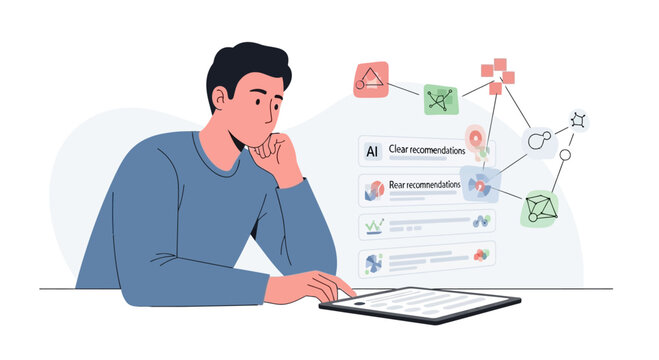 Man contemplating AI concepts and data flow diagrams on a digital tablet