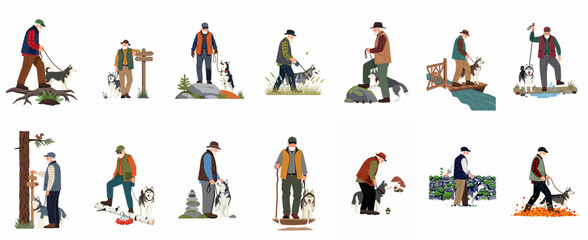 Set of illustrations depicting a senior man and his husky dog on several outdoor adventures through different terrains and seasons. © Cristina