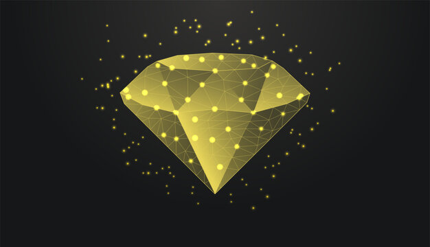 Low poly wireframe diamond gemstone on dark background.