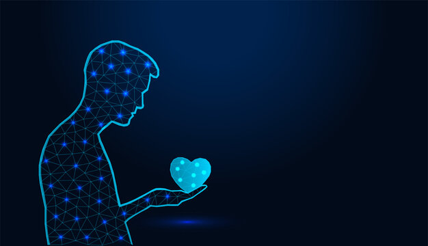 Low poly wireframe man holding a heart in his hand on dark blue background.