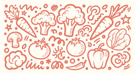 Hand drawn fresh vegetable doodle set featuring broccoli carrot tomato and pepper with decorative elements © Arshad