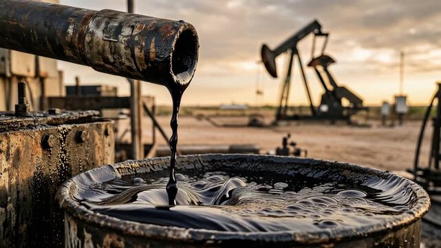 Crude oil pouring from rusted industrial pipe into metal barrel at sunset with pumpjacks in background, energy production scene, fossil fuel industry, pollution, and petroleum extraction concept