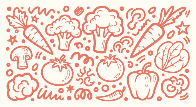 Hand drawn fresh vegetable doodle set featuring broccoli carrot tomato and pepper with decorative elements