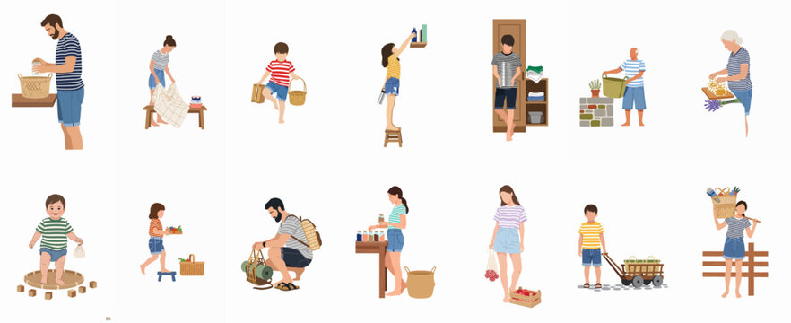 Flat illustration collection of diverse people and families engaged in various household, shopping, and outdoor activities on a white background.