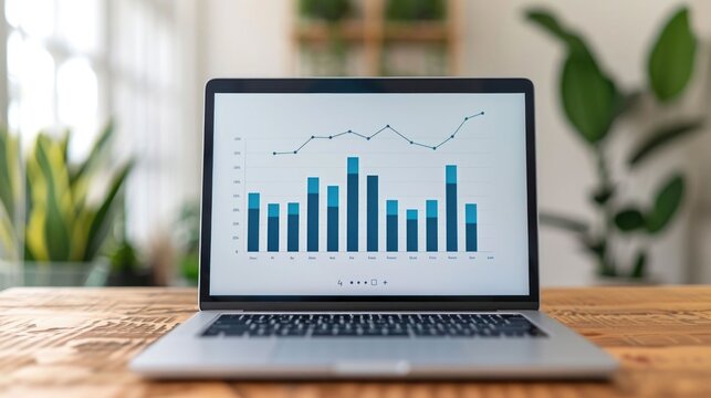 A modern laptop sits on a rustic wooden desk its screen showcasing a detailed business analytics report with upward trending bar and line graphs indicating positive growth and financial success