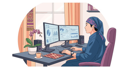 Obraz premium Person working from home on dual monitors, analyzing data charts and graphs