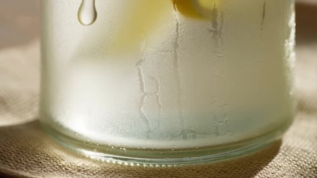 A slow-motion macro shot of a condensation droplet rolling down a frosty craft lemonade bottle on a linen napkin in dappled light, capturing refreshment for beverage advertising and sensory visual tri
