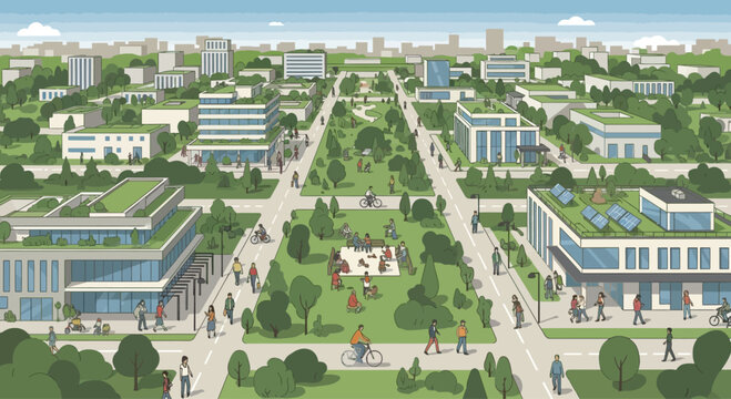 Sustainable Green Cityscape with Eco-Friendly Buildings, Parks, and People