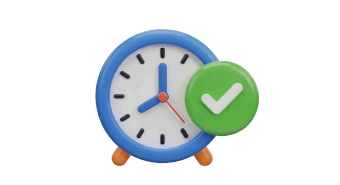 Vector illustration&nbsp;of 3d render of a blue alarm clock with a green check mark icon on a transparent background