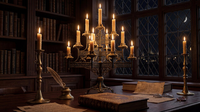 Classical Victorian study desk with brass candle holder, fountain pen, and leaded glass windows in the evening