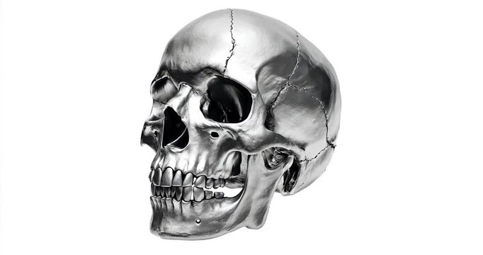 Metal skull silver skull human skull chrome shiny front view metal sculpture horror decor gothic macabre art anatomy isolated white background polished metallic silver human skull profile view