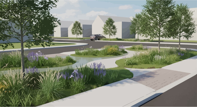 Urban green space with water feature, native plants, and walking path